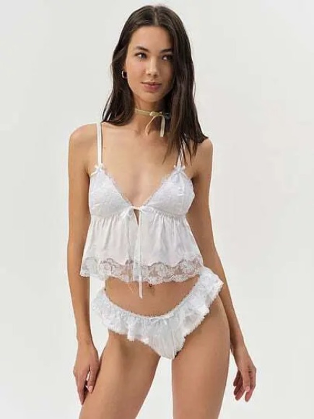 For Love And Lemons Jaden White Lace-Trim Babydoll Set w Thong and Top